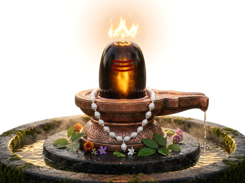 A centered obsidian Shiva lingam with red kumkum marks and silver rudraksha garland on ornate copper yoni base