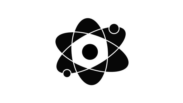 The visual element consists of an atom symbol featuring three intersecting oval orbits and a central nucleus, centered on a white rectangular canvas.