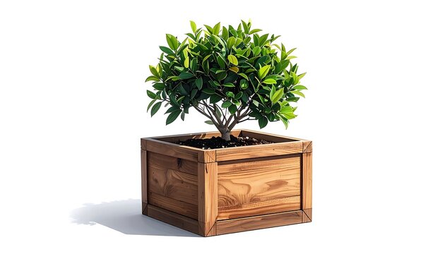 A vibrant small tree, lush with green leaves and immature fruit, sits in a rustic wooden square planter against a clean white backdrop