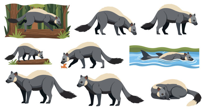 Greater Grison Vector Collection: Animal Poses in Forest Habitat