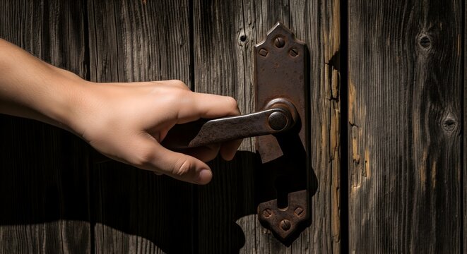 Hand opening an old vintage wooden door with a rusty metal handle
