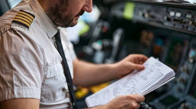 A pilot in uniform reviews a checklist inside an aircraft cockpit with detailed instrument panels and focused attention