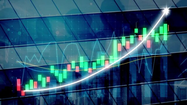 A vibrant stock market growth visualization showing candlestick charts and moving averages against a modern office building backdrop, symbolizing financial success. Copula