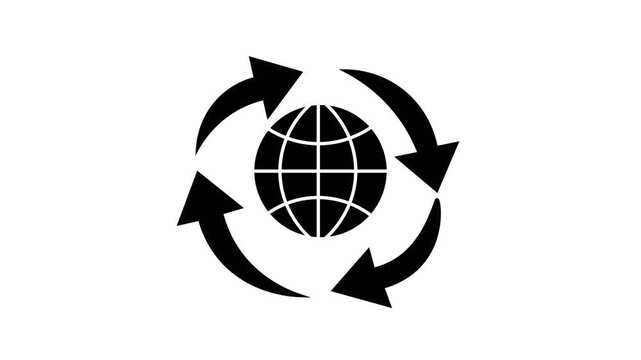 The visual elements consist of a central black grid globe encircled by three curved arrows pointing in a clockwise direction, set on a white rectangular canvas.