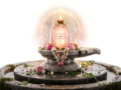 A centered rose quartz Shiva lingam with ash marks and fresh flower garland on ornate silver yoni base