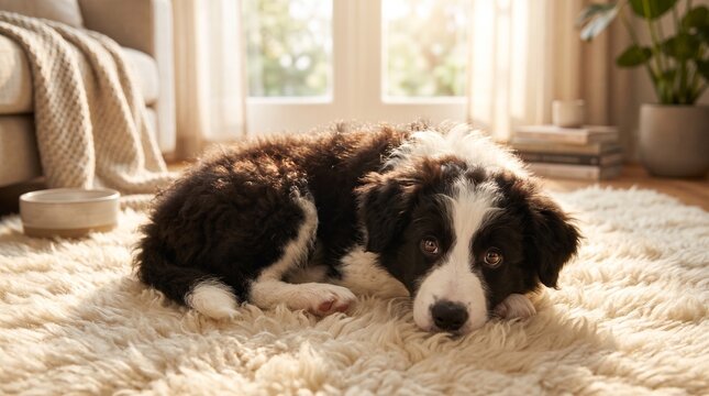Close up of cute black and white border collie puppy lying on soft fluffy rug looking at camera in sunlit living room