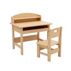 Fototapeta premium Natural wood childrens study desk and chair set with built-in shelf and open drawer for school or home use