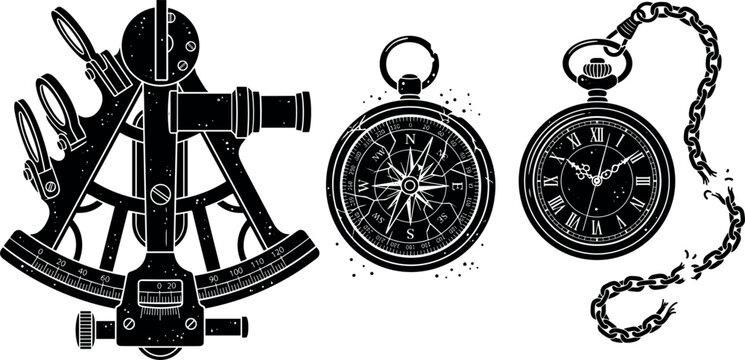 Vintage Maritime Navigation Tools Silhouette Vector Set with Antique Nautical Sextant Marine Compass and Broken Pocket Watch with Chain Graphic Elements
