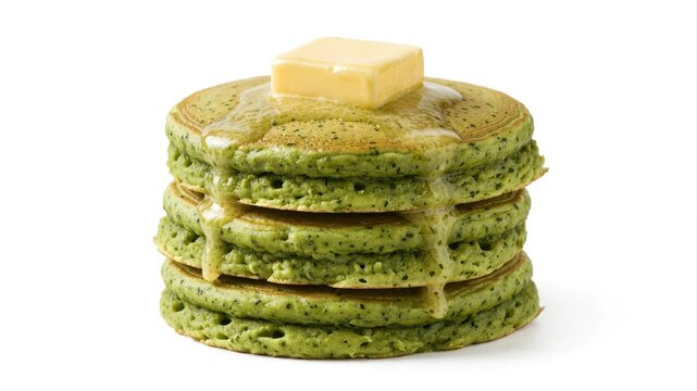 Stack of vibrant green matcha pancakes topped with melting butter and drizzled with syrup, presented in bright studio lighting on a clean white background.