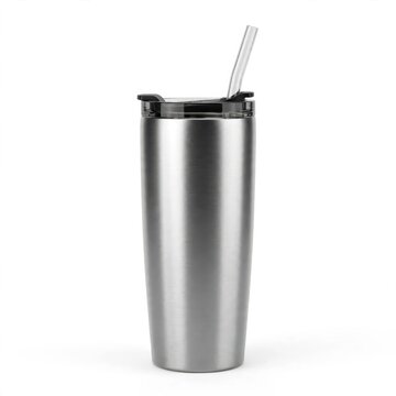 Stainless steel tumbler with straw on white background studio lighting clean aesthetic.