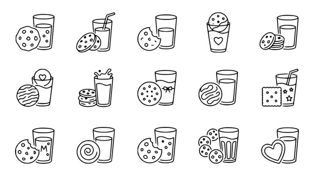 Hand-drawn cookie and milk icons: delicious treats collection