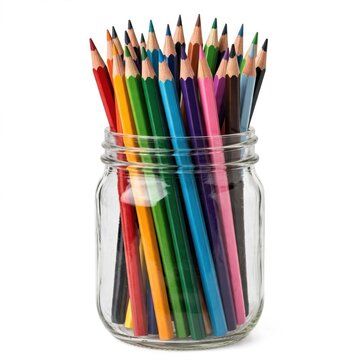 Vibrant colored pencils in a clear glass jar on a clean white background artfully arranged for creative inspiration.