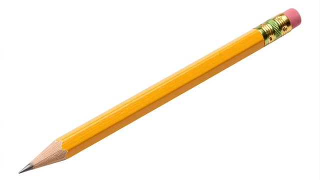 A sharp yellow pencil with a pink eraser rests on a clean white background under bright studio lighting.