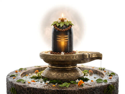 A centered black stone Shiva lingam with golden ash marks and rudraksha bead crown on ornate brass yoni base