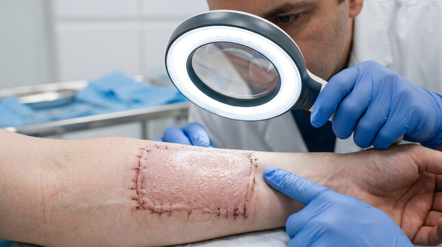 Dermatologist examining skin graft with magnifying glass and ring light.