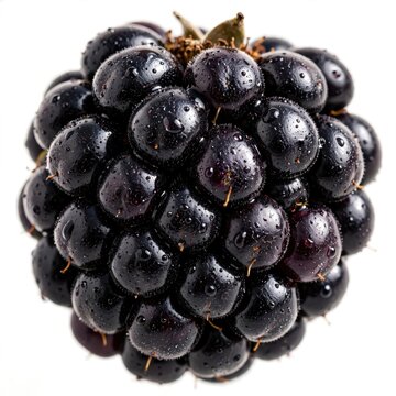 Close-up of a fresh, dew-kissed blackberry cluster against a clean white background, showcasing its vibrant texture and natural beauty.