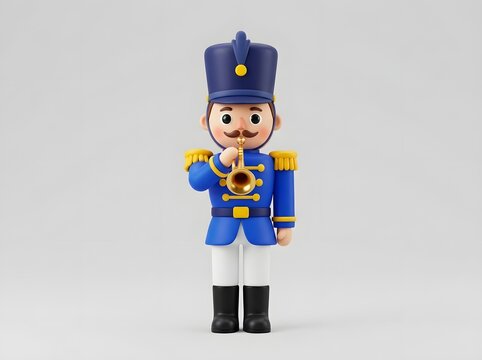 3D Cute Toy Soldier Nutcracker Playing Trumpet on Grey Background
