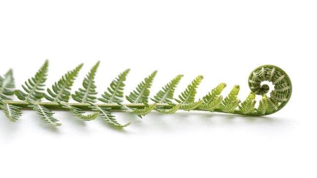 Delicate green fern frond unfurling in soft studio light against a clean white background.