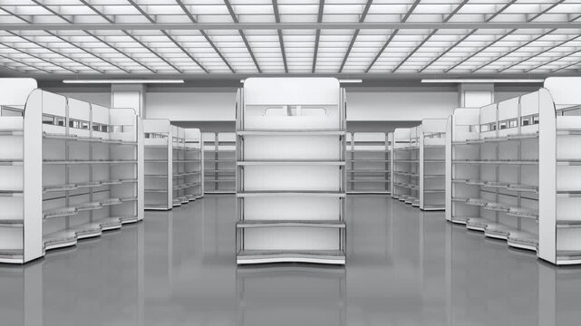 Sliding motion past rows of gondola shelving with curved wavy shelves in a supermarket interior. 3d animation