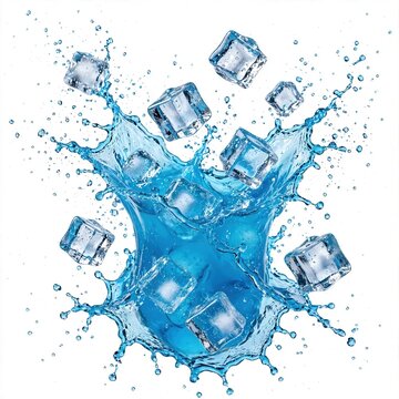 Dynamic blue liquid splash with ice cubes frozen in motion against a clean white background, high-speed photography, refreshing and energetic.