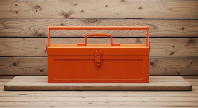 Vibrant orange metal toolbox sitting on a rustic wooden workbench.