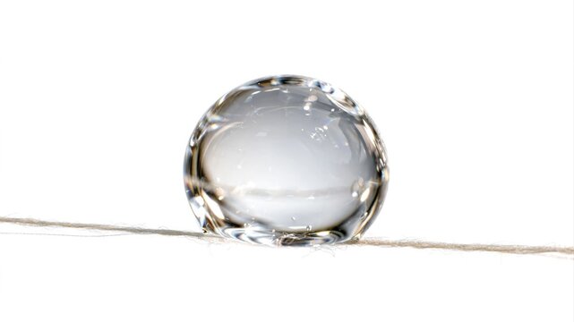 Macro water droplet balanced on a thin thread against a clean white background with soft lighting.