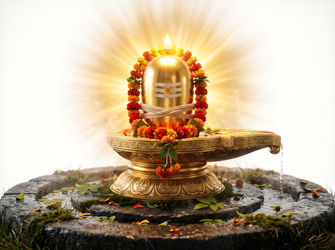 A centered golden Shiva lingam with white ash marks and flower garland on ornate gold yoni base with sacred thread 