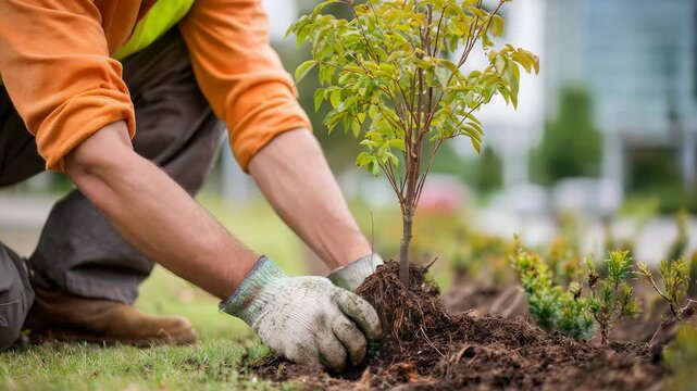 Close up of hands planting a sapling in a city park, symbolizing eco friendly practices and urban reforestation. The image highlights nature care and modern environmental responsibility