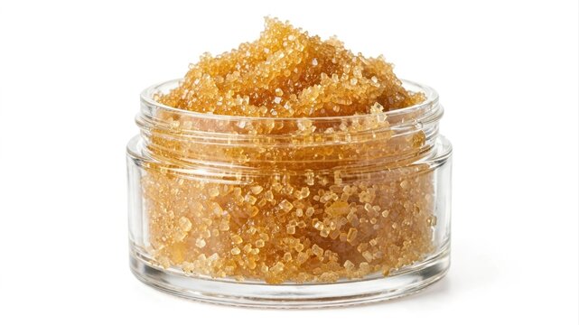 Close-up of granulated sugar in a clear glass jar, showcasing its texture and color against a white background, perfect for culinary or cosmetic uses