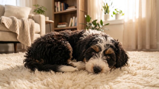 Cute fluffy tricolor bernedoodle puppy lying down on soft rug in sunlit cozy living room looking at camera