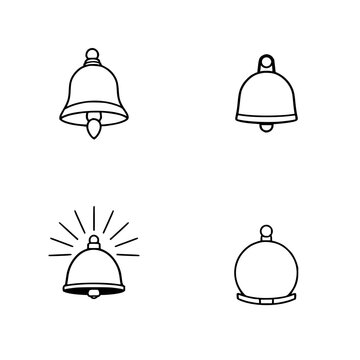 Four different types of bells in a square composition, each depicted in a minimalist black and white vector illustration style. The top left shows a classic bell with a clapper, the top right featu...