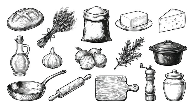 Vintage hand drawn kitchen ingredients and cooking tools, rustic bakery and farm food vector set, engraved culinary icons for restaurant menus