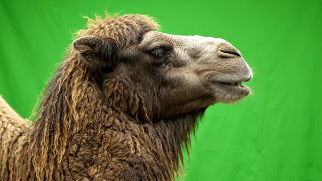 Camel head chewing on a green screen background for easy chroma keying and digital compositing