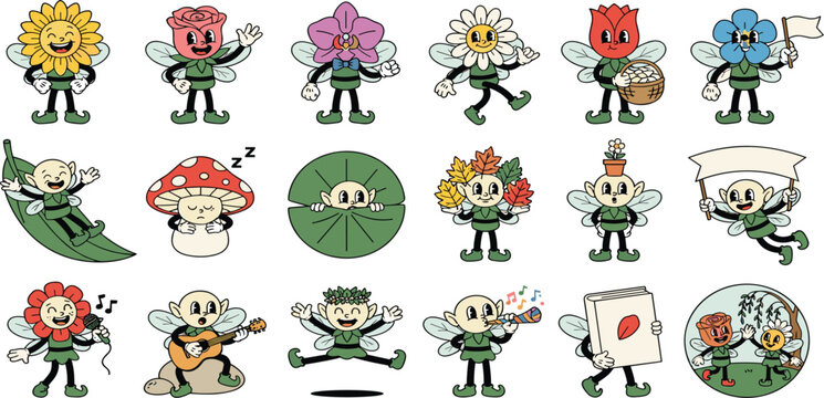 Retro Vintage Garden Fairy and Flower Cartoon Character Vector Set with Cute Elf Pixies, Sunflower, Rose, Mushroom, and Nature Elements for Sticker Designs