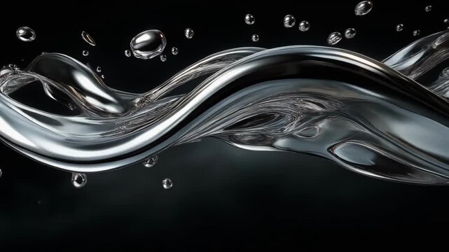 Close-up of shiny liquid metal droplets suspended on black background