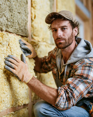 Fototapeta premium Man kneels, touching yellow insulation. He wears gloves and a cap. His gaze meets the camera. He's focused, hands ready. Wall shows new insulation layer. Great for construction, home