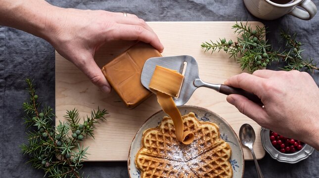 Hands slicing traditional Norwegian brown cheese brunost onto a sweet waffle
