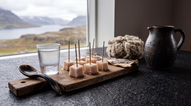 Traditional Icelandic fermented shark hakarl with brennivin by a fjord window.