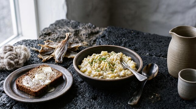 Traditional Icelandic plokkfiskur fish stew served with buttered rye bread