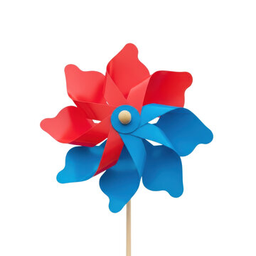 vibrant red and blue pinwheel toy with wooden stem against pure white background