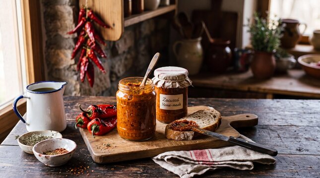 Homemade Romanian zacusca eggplant spread on rustic bread in a cozy kitchen.
