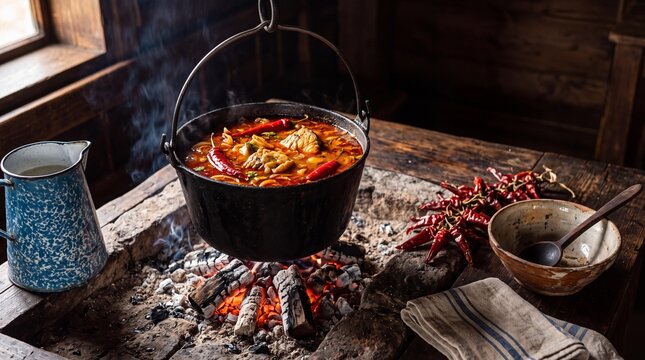 Traditional Hungarian halaszle fish soup cooking in a kettle over fire
