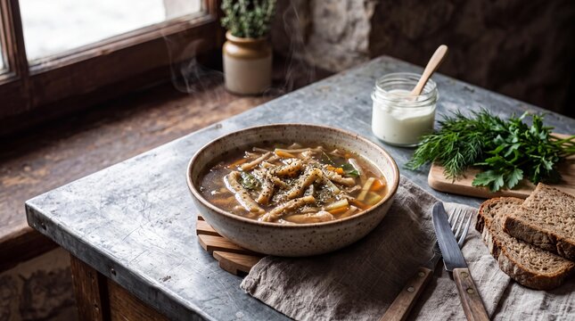 Traditional Polish flaki tripe soup with marjoram served hot in a rustic bowl