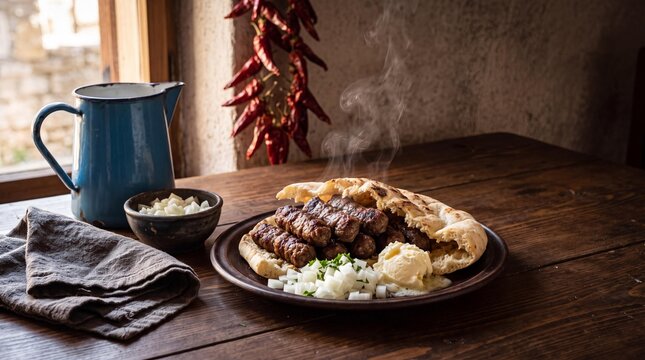 Steaming hot Bosnian cevapi served in somun bread with kajmak and onions.