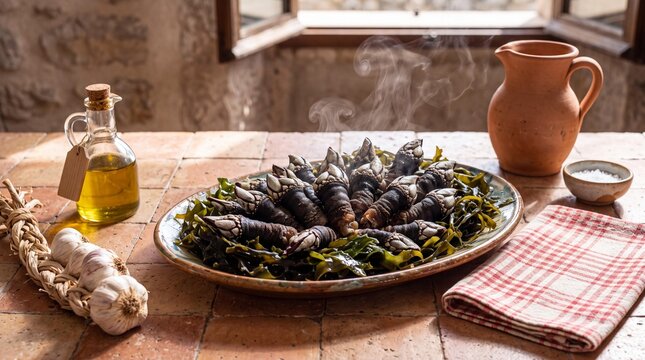 Steaming hot Galician gooseneck barnacles on a rustic tiled kitchen table