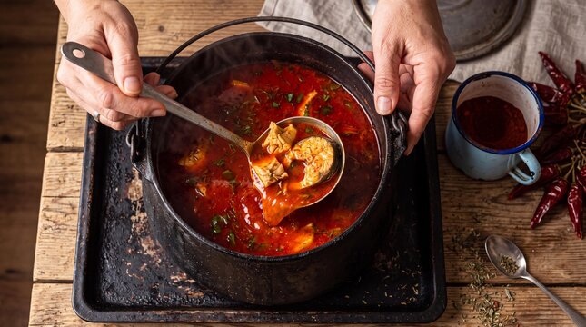 Ladle scooping traditional Hungarian halaszle fish soup from a cast iron pot