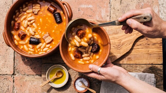 Ladling traditional Spanish Fabada Asturiana bean stew into a clay bowl