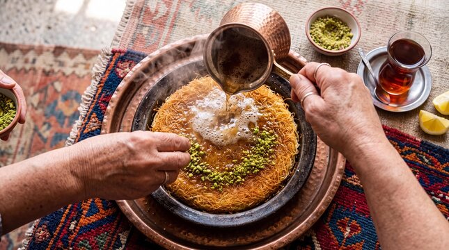 Pouring sweet sugar syrup on hot Turkish kunefe dessert with pistachios.