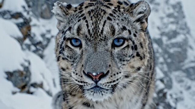 Majestic Snow Leopard Walks Through Snowy Mountain Landscape, Close-Up Face
