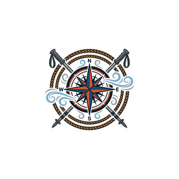 Vintage Compass Rose Nautical Rope Logo Vector, Crossed Harpoons Maritime Emblem, Ocean Navigation Crest, Sailor Adventure Badge, Classic Marine Flat Branding Design